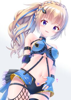 Rule 34 | 1girl, absurdres, ahoge, alternate hairstyle, arm behind back, armband, asymmetrical legwear, bare shoulders, black armband, black suspenders, blonde hair, blue eyes, blue gloves, blue ribbon, blue streaks, blush, braid, breasts, cleavage, commentary, cowboy shot, crown braid, deep skin, dot nose, fingerless gloves, fingernails, fishnets, getsuyoshi, gloves, gradient background, grey background, hair ornament, hand on own stomach, heart, high ponytail, highres, itsumura haruka, long hair, medium breasts, micro shorts, mismatched legwear, multicolored hair, navel, official alternate costume, open mouth, ponytail, re:stage!, ribbon, shorts, simple background, smile, solo, split ponytail, stomach, stomach focus, streaked hair, suspenders, thigh strap, thighs, white background, wrestling outfit