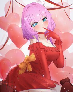 1girl absurdres alternate_costume artist_name balloon blue_eyes breasts choker cleavage commentary cyrene_(honkai:_star_rail) cyrene_(philia093)_(honkai:_star_rail) dress gloves heart_balloon highres honkai:_star_rail honkai_(series) large_breasts looking_at_viewer pink_hair red_choker red_dress red_gloves short_hair sijekart smile solo