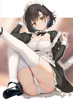 1girl apron black_hair black_ribbon breasts brown_eyes cleavage commentary frilled_apron frills garter_straps highres looking_at_viewer maid maid_apron maid_headdress original panties ribbon shoes short_hair symbol-only_commentary takashina_masato thighhighs thighs thighs_together underwear white_garter_straps white_panties