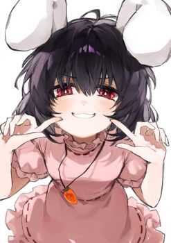 1girl animal_ears black_hair bright_pupils carrot_necklace cowboy_shot dress floppy_ears grin hair_between_eyes hands_up highres inaba_tewi index_finger_raised jewelry light_blush looking_at_viewer necklace pink_dress pointing pointing_at_self puffy_short_sleeves puffy_sleeves rabbit_ears rabbit_girl red_eyes ribbon-trimmed_dress ribbon_trim short_hair short_sleeves simple_background smile solo touhou v-shaped_eyebrows white_background white_pupils yamabuki_otk