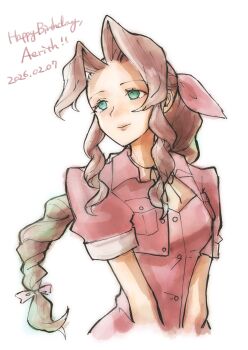 Rule 34 | 1girl, aerith gainsborough, braid, braided ponytail, breasts, brown hair, buttons, character name, choker, closed mouth, commentary request, cropped jacket, dated, dress, final fantasy, final fantasy vii, fuwari pic, green eyes, hair ribbon, happy birthday, highres, jacket, light smile, long hair, medium breasts, parted bangs, pink dress, pink ribbon, puffy short sleeves, puffy sleeves, red jacket, ribbon, ribbon choker, short sleeves, sidelocks, single braid, solo, upper body, white background