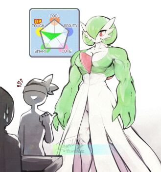 2boys artist_name bob_cut brendan_(pokemon) colored_skin dress gardevoir gen_3_pokemon green_hair green_skin hair_over_one_eye hat highres multicolored_skin multiple_boys muscular nintendo pectorals pink_eyes pokemon pokemon_(creature) pokemon_rse signature simple_background smile stats sweatdrop thwillartz two-tone_skin white_background white_dress white_skin