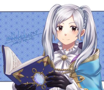 1girl black_gloves blue_cape book braid brown_eyes cape closed_mouth female_robin_(exalt&#039;s_right_hand)_(fire_emblem) female_robin_(fire_emblem) fire_emblem fire_emblem_awakening fire_emblem_heroes frilled_shirt frills fukukichi2529 gloves holding holding_book long_hair long_sleeves looking_at_viewer nintendo official_alternate_costume shirt smile solo swept_bangs twintails white_hair white_shirt