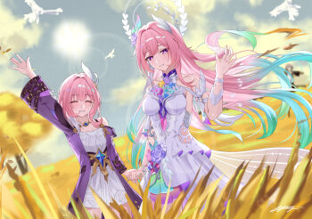 2girls absurdres aqua_hair bare_shoulders bird blue_sky breasts coat commentary cyrene_(aedes_elysiae)_(honkai:_star_rail) cyrene_(honkai:_star_rail) cyrene_(ripples_of_past_reverie)_(honkai:_star_rail) diamond-shaped_pupils diamond_(shape) dove dress dual_persona english_commentary halo highres holding_hands honkai:_star_rail honkai_(series) jewelry large_breasts long_hair miya-chan_(lightning0730) multicolored_hair multiple_girls necklace outdoors pink_hair purple_coat purple_eyes short_hair sky small_breasts smile symbol-shaped_pupils tree two-tone_hair very_long_hair waving_hands wheat wheat_field white_dress white_hair