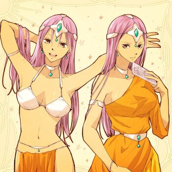 2girls armlet armor armpits arms_behind_head arms_up asymmetrical_dress belly_chain bikini_armor bracelet breasts brown_eyes card circlet commentary_request dark-skinned_female dark_skin dragon_quest dragon_quest_iv dress earrings expressionless forehead_jewel gem green_gem hand_up highres holding holding_card jewelry loincloth long_dress long_hair long_sleeves looking_at_viewer manya_(dq4) medium_breasts metal_belt metal_bikini metal_bra minea_(dq4) multiple_girls navel neck_ring open_mouth orange_dress orange_loincloth pelvic_curtain purple_hair siblings silver_circlet single_bare_shoulder single_sleeve sisters smile sphere_earrings star_(symbol) takamoriwako tarot tarot_card teeth upper_body upper_teeth_only
