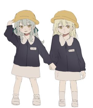 2girls :d aged_down ankle_socks arm_at_side arm_up bang_dream! bang_dream!_it's_mygo!!!!! black_jacket blonde_hair brown_eyes child curly_sidelocks expressionless flat_color full_body green_ribbon grey_hair hair_ornament hair_ribbon hairclip hand_on_headwear hat highres holding_hands jacket kindergarten_uniform koricup_q light_blush long_hair long_sleeves miniskirt multiple_girls name_tag open_mouth parted_lips peter_pan_collar ribbon school_hat shoes sidelocks simple_background skirt smile socks standing straight_hair sweatdrop togawa_sakiko two_side_up wakaba_mutsumi white_background white_shoes white_skirt white_socks winter_uniform yellow_hat zipper zipper_pull_tab
