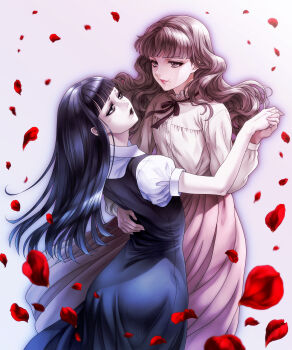 2girls black_dress black_hair black_lips black_ribbon blunt_bangs brown_hair closed_mouth commentary dancing dress face_piercing falling_petals fear_&amp;_hunger_(series) fear_&amp;_hunger_2:_termina frilled_shirt_collar frills highres holding_hands lips long_hair long_sleeves marina_(fear_&amp;_hunger) mouth_piercing multiple_girls neck_ribbon petals piercing pinafore_dress pink_skirt red_petals ribbon samarie_(fear_&amp;_hunger) shirt short_sleeves simple_background skirt sleeveless sleeveless_dress white_background white_shirt yoshinaga_yuki yuri