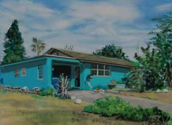 architecture bush chicagosketch cloud daytona_beach florida_(location) garage house mailbox_(incoming_mail) no_humans original palm_tree photo-referenced photoshop_(medium) power_lines recycle_bin rock scenery sketch trash_can tree yard_waste_can