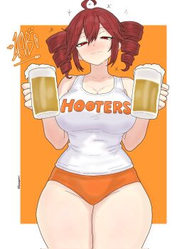 1girl ahoge alternate_breast_size_(larger) alternate_costume beer_glass beer_mug breasts buruma cleavage closed_mouth commentary copyright_name cowboy_shot cup drawlab33t drill_hair employee_uniform hair_between_eyes highres holding holding_cup hooters kasane_teto large_breasts looking_at_viewer mug orange_buruma red_eyes red_hair seductive_smile simple_background sleeveless smile solo symbol-only_commentary tank_top twin_drills utau white_tank_top