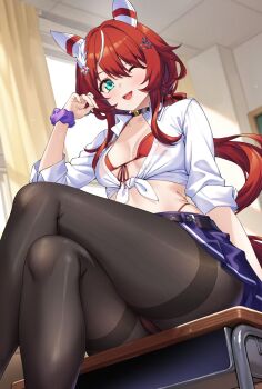 1girl animal_ears bikini black_choker black_pantyhose blue_bow blue_eyes blush bow breasts choker classroom collared_shirt commentary_request crossed_legs desk diagonal-striped_bow ear_covers from_below gyaru hair_between_eyes highres horse_ears horse_girl horse_tail leg_warmers long_hair looking_at_viewer on_desk one_eye_closed open_mouth panties pantyhose purple_scrunchie red_bikini red_hair red_panties school_desk school_uniform scrunchie shirokuma_a shirt sitting sleeves_rolled_up smile solo striped_bow swimsuit tail tied_shirt umamusume underwear white_leg_warmers white_shirt win_variation_(umamusume) wrist_scrunchie