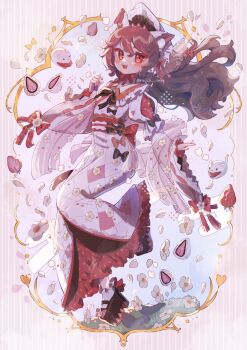 1girl :3 :d animal animal_ear_fluff animal_ears black_ribbon black_sandals blush brown_hair cat cat_ears cat_girl cat_tail commentary double-parted_bangs food fruit full_body hair_between_eyes hand_up hat highres japanese_clothes kimono long_hair long_sleeves looking_at_viewer neck_ribbon obi okobo open_mouth original platform_sandals red_eyes red_kimono red_sash ribbon sandals sash smile socks solo standing standing_on_one_leg strawberry striped_background symbol-only_commentary tail tsukumi_bis vertical-striped_background white_hat white_socks wide_sleeves