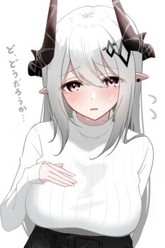 1girl alternate_costume arknights aruku_(arukunights) black_horns black_skirt blush breasts commentary_request eyes_visible_through_hair hair_between_eyes hair_ornament hand_on_own_chest highres horns large_breasts long_hair long_sleeves looking_at_viewer mudrock_(arknights) parted_lips pointy_ears red_eyes ribbed_sweater simple_background skirt sleeves_past_wrists solo sweatdrop sweater translation_request turtleneck turtleneck_sweater upper_body white_background white_hair white_sweater