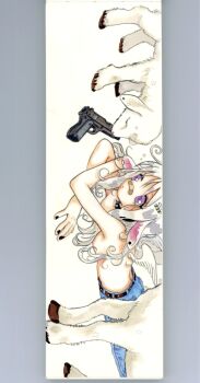 1girl 2000s_(style) angel angel_wings animal_ears baby_animal denim gun handgun highres jeans lamb long_hair oliwa original pants purple_eyes sheep sheep_ears sheep_girl topless_female weapon wings