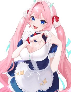 Rule 34 | 1girl, apron, blue dress, blue eyes, breasts, character request, cleavage, cleavage cutout, clothing cutout, commentary request, commission, copyright request, cowboy shot, double-parted bangs, dress, edge ill, fang, fingernails, four-finger heart hands, hands up, heart, heart hands, highres, large breasts, long hair, looking at viewer, maid, maid headdress, nail polish, open mouth, pink hair, red nails, skeb commission, skin fang, smile, solo, twintails, waist apron, white apron, white background