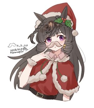Rule 34 | 1girl, animal ears, belt, blush, braid, brown belt, brown hair, capelet, christmas, commentary request, cropped torso, daiichi ruby (umamusume), drill hair, drill sidelocks, facial hair, hair ornament, hat, holly hair ornament, horse ears, horse girl, long hair, looking at viewer, mustache, parted lips, purple eyes, red capelet, red shirt, santa costume, santa hat, saramiao-chan, shirt, side drill, sidelocks, simple background, solo, twin drills, umamusume, white background