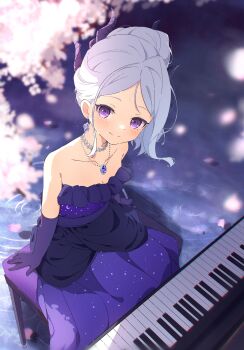 1girl absurdres blue_archive breasts demon_girl demon_horns dress earrings elbow_gloves gloves grand_piano haluka_o0 highres hina_(blue_archive) hina_(dress)_(blue_archive) horns instrument jewelry long_hair looking_at_viewer necklace pendant piano purple_dress purple_eyes purple_gloves sitting small_breasts solo tree white_hair