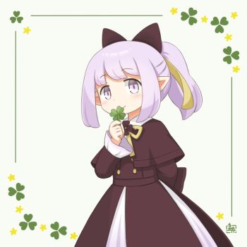 1girl arm_behind_back bow brown_bow brown_capelet brown_jacket capelet commentary hair_ribbon holding holding_leaf jacket kitagawa_suigetsu leaf leaf_background looking_at_viewer neck_ribbon official_alternate_eye_color original pointy_ears ponytail purple_eyes purple_hair ribbon skirt solo trian_(kitagawa_suigetsu) white_background white_skirt yellow_ribbon