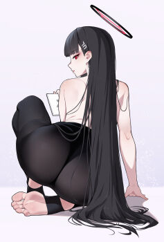 1girl ass black_hair black_leggings blue_archive dated feet from_behind hair_ornament hair_spread_out hairpin halo highres holding holding_tablet_pc leggings long_hair looking_at_viewer looking_back manzai_sugar open_mouth red_eyes rio_(blue_archive) signature soles solo tablet_pc toes topless_female very_long_hair