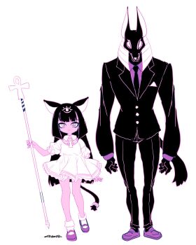 1boy 1girl ancient_egyptian anubis_(mythology) bastet_(mythology) bobby_socks cat_girl commentary_request dress egyptian_mythology formal_clothes highres holding holding_scepter looking_at_viewer mary_janes mudou_eichi necktie original scepter shoes sketch smile socks suit