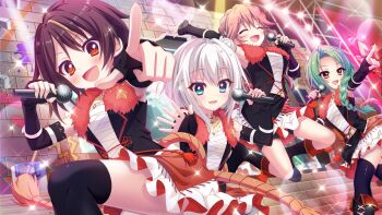 4girls :d arm_up bandou_mikuru belt black_boots black_gloves black_thighhighs black_vest blonde_hair blue_eyes blush boots braid breasts brick_wall brown_hair cleavage closed_eyes concert crown_braid dot_nose elbow_gloves film_grain fingerless_gloves forehead from_below fur-trimmed_vest fur_trim game_cg gloves graffiti green_hair haeno_akari hair_bun hand_up holding holding_microphone idol idol_clothes izumi_tsubasu jumping layered_skirt lens_flare long_braid long_hair medium_breasts microphone multicolored_hair multiple_girls nishidate_haku non-web_source official_art open_mouth orange_hair paint_can pointing pointing_at_viewer re:stage! red_eyes red_trim rope sarashi screen shimenawa shirokita_kuroha short_hair single_braid single_side_bun skirt small_breasts smile sparkle stage stage_lights stairs star_(symbol) streaked_hair thighhighs twisted_torso two-tone_hair vest white_belt white_hair white_skirt yellow_eyes zettai_ryouiki