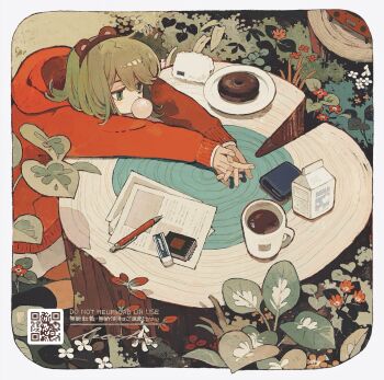 1girl absurdres animal_ears border chewing_gum cup donut drink_carton eraser fake_animal_ears flower food highres hood hood_down hoodie ka_(996beshi) leaf long_sleeves medium_hair milk_carton mug notebook original outdoors own_hands_together paper pencil plant plate red_flower red_hoodie sitting solo spiral_notebook tree_stump wallet white_border