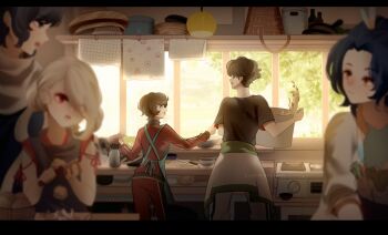 5boys apron arm_ribbon asymmetrical_bangs back_bow bag black_apron black_collar black_hair black_shirt black_sleeves blue_apron blue_bow blue_eyes blue_shirt blurry blurry_foreground bow brown_hair buzen_gou carrot closed_mouth clothes_around_waist clothes_grab coffee_pot collar collared_jacket commentary cooking cooking_pot cutting_board day english_commentary eyeshadow food from_behind hair_over_one_eye height_difference high_collar highres holding holding_bag holding_cooking_pot holding_food holding_knife horikawa_kunihiro ima-no-tsurugi indoors jacket jacket_around_waist kanlamari kitchen knife leggings long_bangs long_sleeves looking_at_viewer makeup male_focus multiple_boys nervous_smile open_mouth peeling potato red_eyes red_eyeshadow red_jacket red_leggings red_ribbon red_shirt red_sleeves ribbon shirt short_hair short_sleeves side_ponytail sleeve_grab sleeveless sleeveless_shirt smile soup spill stove sweatdrop t-shirt taikogane_sadamune teeth touken_ranbu towel track_suit tree upper_body white_hair white_jacket white_sleeves yamato-no-kami_yasusada yaoi