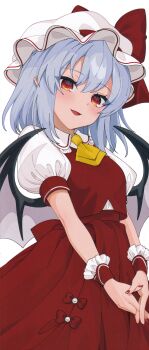 1girl :d absurdres ascot bat_wings blue_eyes blue_hair bow collared_shirt cosplay cowboy_shot flandre_scarlet flandre_scarlet_(cosplay) gotoh_(nekocat) hat hat_bow highres interlocked_fingers mob_cap nail_polish open_mouth own_hands_together puffy_short_sleeves puffy_sleeves red_bow red_eyes red_nails red_skirt red_vest remilia_scarlet scan shirt short_hair short_sleeves simple_background skirt smile solo third-party_source touhou vest white_background white_shirt wings wrist_cuffs yellow_ascot