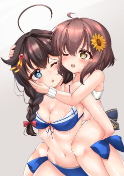 2girls absurdres ahoge bikini black_hair blue_bikini blue_eyes braid breasts brown_eyes brown_hair carrying carrying_person cleavage eink flower front-tie_bikini_top front-tie_top ha_no_490 hair_flaps hair_flower hair_ornament hair_over_shoulder highres kantai_collection long_hair medium_breasts multiple_girls shigure_(kancolle) shigure_kai_san_(kancolle) shigure_kai_san_(swimsuit)_(kancolle) short_hair single_braid sunflower sunflower_hair_ornament swimsuit yukikaze_(kancolle)