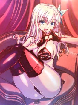 1girl alternate_costume ass bikini black_bikini black_gloves black_thighhighs blonde_hair blue_eyes boku_wa_tomodachi_ga_sukunai breasts butterfly_hair_ornament cameltoe chair commentary_request curtains fang gloves hair_ornament heart heart_hands highres indoors kashiwazaki_sena knees_up lace lace-trimmed_thighhighs lace_trim large_breasts long_hair looking_at_viewer official_artist_extra on_chair open_mouth solo swimsuit thighhighs thighs thong_bikini watanabe_yoshihiro