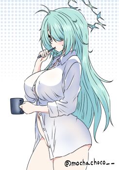 1girl aqua_eyes aqua_hair aqua_halo ass blue_archive blush bottomless breasts brushing_teeth commentary_request covered_erect_nipples cup dress_shirt hair_over_one_eye halo hiyori_(blue_archive) holding holding_cup large_breasts long_hair mochachoco navel partially_unbuttoned shirt sidelocks solo standing star_halo twitter_username very_long_hair white_background white_shirt
