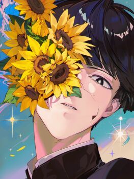1boy black_eyes black_hair bowl_cut closed_mouth commentary cracked_skin english_commentary flower gakuran haekchi highres kageyama_shigeo looking_at_viewer male_focus mob_psycho_100 parted_lips school_uniform short_hair solo sunflower teeth
