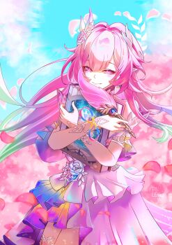 1girl absurdres artist_name blue_sky book cherry_blossoms commentary cyrene_(aedes_elysiae)_(honkai:_star_rail) cyrene_(honkai:_star_rail) diamond-shaped_pupils diamond_(shape) dress english_commentary flower gradient_hair green_hair hair_flower hair_ornament highres holding holding_book holding_quill honkai:_star_rail honkai_(series) long_hair multicolored_hair pink_hair purple_eyes quill shoe_wy sky smile solo symbol-shaped_pupils two-tone_hair very_long_hair white_dress