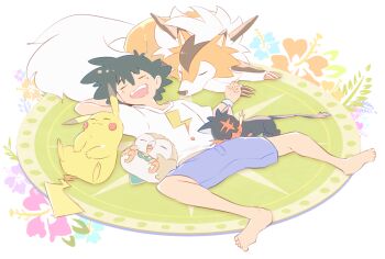 1boy :3 =_= ash_ketchum barefoot black_hair blue_shorts closed_eyes closed_mouth commentary_request gen_1_pokemon gen_7_pokemon litten lycanroc lycanroc_(dusk) lying nintendo official_alternate_costume on_back open_mouth pikachu pirohi_(pirohi214) pokemon pokemon_(anime) pokemon_(creature) pokemon_sm_(anime) rowlet rug shirt short_hair shorts sleeping smile t-shirt teeth upper_teeth_only white_shirt