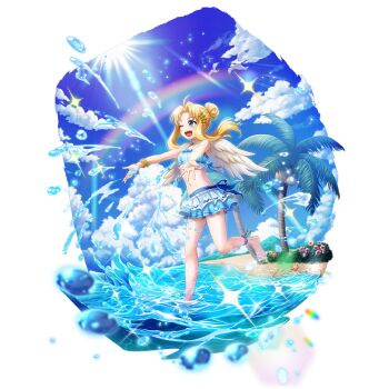 1girl ;d ahoge ankle_ribbon artist_request bangle beach bikini bikini_skirt bird_girl bird_wings blue_bikini blue_eyes blue_robe bracelet breasts bush coconut coconut_tree curtained_hair day feathered_wings filo_(tate_no_yuusha_no_nariagari) flower full_body game_cg hair_bun hibiscus jewelry leg_ribbon loli long_hair long_sidelocks looking_ahead navel ocean official_alternate_costume official_alternate_hairstyle official_art one_eye_closed open_mouth outdoors outstretched_arms palm_tree pink_flower polka_dot polka_dot_bikini rainbow red_flower ribbon robe sidelocks small_breasts smile solo sparkle splashing starfish stomach sun sunlight swimsuit tate_no_yuusha_no_nariagari tate_no_yuusha_no_nariagari_rerise teeth tongue transparent_background tree upper_teeth_only wading water white_wings wing_hairpin wings yellow_flower