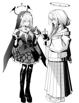 Rule 34 | 2girls, absurdres, amagasa mike, blue archive, blush, boots, cardigan, closed mouth, commentary request, crossed bangs, dress, drink, food, food in mouth, food on face, greyscale, hairband, halo, highres, holding, holding drink, holding food, long hair, low ponytail, monochrome, multiple girls, neckerchief, nun, open mouth, pantyhose, pleated skirt, ponytail, sailor collar, sakurako (blue archive), shoes, skirt, ui (blue archive), veil, very long hair