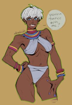 Rule 34 | 1girl, absurdres, ahoge, armlet, bangle, bare shoulders, bikini, blue eyes, blue nails, blush, bracelet, breasts, brown lips, cowboy shot, criss-cross halter, cropped legs, dark-skinned female, dark skin, earrings, elena (street fighter), english text, fingernails, gluteal fold, gold bracelet, grey hair, grin, halterneck, hand on own hip, hand on own thigh, highres, hoop earrings, jewelry, linea alba, lips, looking at viewer, medium breasts, nail polish, navel, neck ring, short hair, simple background, smile, solo, speech bubble, strawderryst, street fighter, street fighter iii (series), swimsuit, toned, very dark skin, white bikini, white hair, yellow background