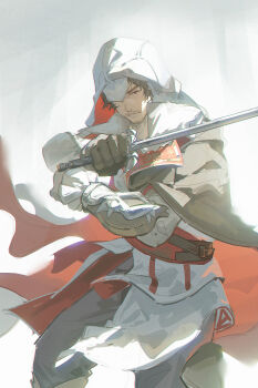 1boy absurdres assassin&#039;s_creed_(series) assassin&#039;s_creed_ii beard_stubble black_cape black_eyes black_gloves black_hair black_pants cape cowboy_shot ezio_auditore_da_firenze facial_hair gloves highres holding holding_sword holding_weapon hood hood_over_one_eye hood_up looking_at_viewer male_focus one_eye_covered pants shirt side_cape solo stubble sword weapon white_background white_shirt zzzzzziyao