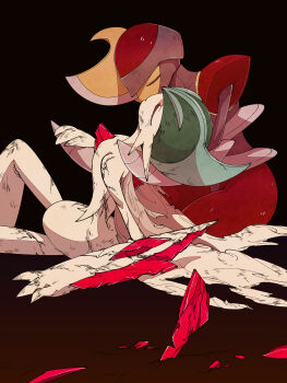 2others absurdres after_battle arm_blade armor bisharp black_background broken broken_armor broken_glass broken_weapon closed_eyes crack cracked_armor cracked_floor cracked_glass cracked_helmet defeat dirty dirty_clothes dirty_face facing_another facing_to_the_side gallade gem gen_4_pokemon gen_5_pokemon glass gradient_background green_hair green_helmet grey_helmet hand_on_another's_back hand_on_another's_hand hand_on_another's_neck hands_on_ground helmet highres injury knee_up kneeling leaning_back leaning_forward leaning_on_person mega_gallade mega_pokemon mohawk multiple_others nintendo on_ground pokemon pokemon_(creature) red_gemstone red_helmet shattered shoulder_pads umi-be-to weapon