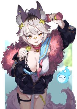 1girl absurdres animal_ears bandaid bandaid_on_face bandaid_on_nose baseball_bat bell blonde_hair bra breasts chain cleavage collar commentary delinquent english_commentary fang fingernails fluffy_clothes fox_ears fox_girl fox_tail hair_ornament highres hitodama indie_virtual_youtuber jacket knife knife_sheath legs long_fingernails medium_breasts open_clothes open_jacket orange_eyes pink_collar sheath shirahiko_(vtuber) skin_fang tail thigh_strap tongue tongue_out underwear virtual_youtuber yuma-zusuki