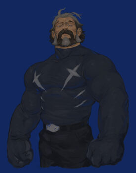 1boy antenna_hair bad_tag bara beard commentary connected_beard cowboy_shot english_commentary facial_hair fonzu_(callmefonzu) forked_eyebrows frown full_beard grey_hair head_tilt highres large_hands looking_at_viewer male_focus mature_male muscular muscular_arms muscular_male old old_man pompey_(zenless_zone_zero) scar scar_on_face skin_tight standing thick_beard thick_neck tsurime two-tone_beard zenless_zone_zero