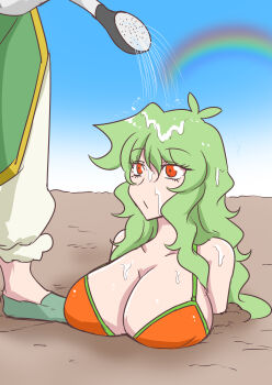 Rule 34 | 2girls, absurdres, bare shoulders, bikini, blue sky, breasts, burijittou, cleavage, day, feet, green hair, green shoes, highres, hong meiling, huge breasts, kazami yuuka, large breasts, long hair, multiple girls, orange bikini, partially buried, rainbow, red eyes, shoes, sky, soil, solo, swimsuit, touhou, water, watering can