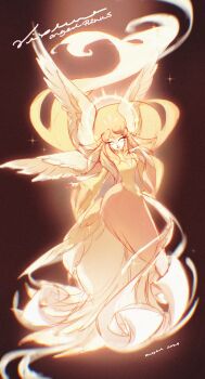 1girl absurdly_long_hair angelpinkss beak bird_girl blonde_hair commentary dress english_commentary feathers furry furry_female hazbin_hotel hellaverse highres long_eyelashes long_hair looking_at_viewer solo speaker_of_god_(hazbin_hotel) very_long_hair yellow_dress yellow_feathers