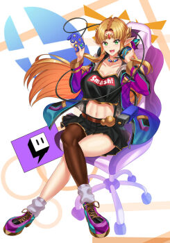 1girl animal_ear_headphones animal_ears black_crop_top black_skirt blonde_hair breasts cat_ear_headphones cat_ears chair circlet controller crop_top earrings fake_animal_ears female_focus gamecube_controller gaming_chair green_eyes headphones holding holding_controller jacket jewelry large_breasts long_hair looking_at_viewer midriff navel necklace nez-box nintendo on_chair open_clothes open_jacket pearl_necklace princess_zelda shoes single_thighhigh skirt super_smash_bros. swivel_chair the_legend_of_zelda the_legend_of_zelda:_a_link_between_worlds thighhighs triforce triforce_earrings zelda_(a_link_between_worlds)