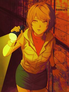 Rule 34 | 1girl, artist name, blue skirt, flashlight, freckles, heather mason, highres, holding, holding flashlight, mccheese, orange eyes, orange hair, orange sweater, short hair, silent hill (series), silent hill 3, skirt, sleeveless, sleeveless turtleneck, solo, sweater, turtleneck, turtleneck sweater, vest, watch, white vest, wristband, wristwatch