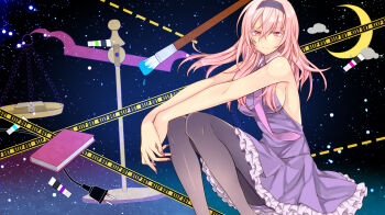 1girl armpits bare_shoulders black_pantyhose blonde_hair book breasts cable caution_tape closed_mouth dress gahata_meiji hair_between_eyes highres layered_dress medium_breasts necktie outstretched_arms pantyhose pencil pink_necktie purple_dress sideboob sitting solo star_(sky) toudou_charo utau yellow_eyes