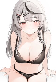 Rule 34 | 1girl, :3, absurdres, black bra, black panties, black streaks, bra, braid, breasts, center-flap bangs, cleavage, closed mouth, double-parted bangs, grey hair, hair ornament, hairclip, highres, hololive, lace, lace-trimmed bra, lace-trimmed panties, lace trim, large breasts, lingerie, long hair, looking at viewer, navel, nyashira, panties, red eyes, sakamata chloe, side braid, simple background, sitting, smile, solo, straight hair, underwear, underwear only, virtual youtuber, white background, x hair ornament