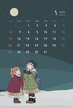 2019 2girls absurdres aisaki_emiru beanie black_hat black_mittens black_pantyhose blunt_bangs blush boots bow brown_boots brown_gloves brown_hair brown_skirt bun_cover calendar_(medium) cloak coat commentary_request cone_hair_bun deformed double_bun frilled_cloak full_moon fur-trimmed_boots fur-trimmed_cloak fur-trimmed_coat fur_trim gloves green_coat hair_bow hair_bun hair_tie hand_on_another's_head hat height_difference highres hugtto!_precure layered_sleeves long_hair long_sidelocks long_sleeves low_twintails medium_skirt mittens moon multiple_girls one-eyed pantyhose parted_lips pleated_skirt pocket precure purple_eyes purple_hair red_cloak ruru_amour sidelocks skirt sky snow snowing standing star_(sky) starry_sky takahoshi_(yunch327) twintails upturned_eyes very_long_hair wavy_hair white_bow winter winter_clothes