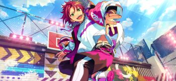 Rule 34 | 1boy, bangs pinned back, basketball hoop, bracelet, chain-link fence, cloud, curtained hair, ensemble stars!, feature scout 1 (ensemble stars!), fence, fingernails, game cg, graffiti, green eyes, happy elements, hood, hooded jacket, isara mao, jacket, jewelry, layered clothes, long sleeves, looking at viewer, male focus, midriff peek, necklace, official art, open clothes, open jacket, open mouth, outdoors, red hair, ring, shirt, short hair, shorts, sky, smile, solo, star (symbol), teeth, third-party source, upper teeth only, white shirt, zipper pull tab