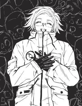 Rule 34 | 1boy, :d, ^ ^, aotsuki eito, breast pocket, closed eyes, commentary, drawstring, facing viewer, glasses, gloves, hands on own chest, highres, jacket, male focus, monochrome, open mouth, pocket, short hair, skull, smile, solo, symbol-only commentary, the hundred line -last defense academy-, upper body, variant set, zunzhiyu