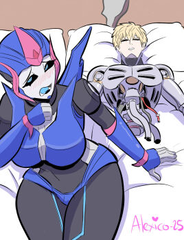 1boy 1girl arcee arcee_(prime) autobot bed black_sclera blonde_hair blue_eyes blush breasts colored_sclera commentary_request cyborg exposed_internal_machinery genos guy_tired_after_sex_(meme) highres large_breasts lying mecha meme on_back one-punch_man open_mouth pillow robot robot_girl severed_torso signature sitting spanish_commentary thecooleralexico thick_thighs thighs transformers transformers:_prime